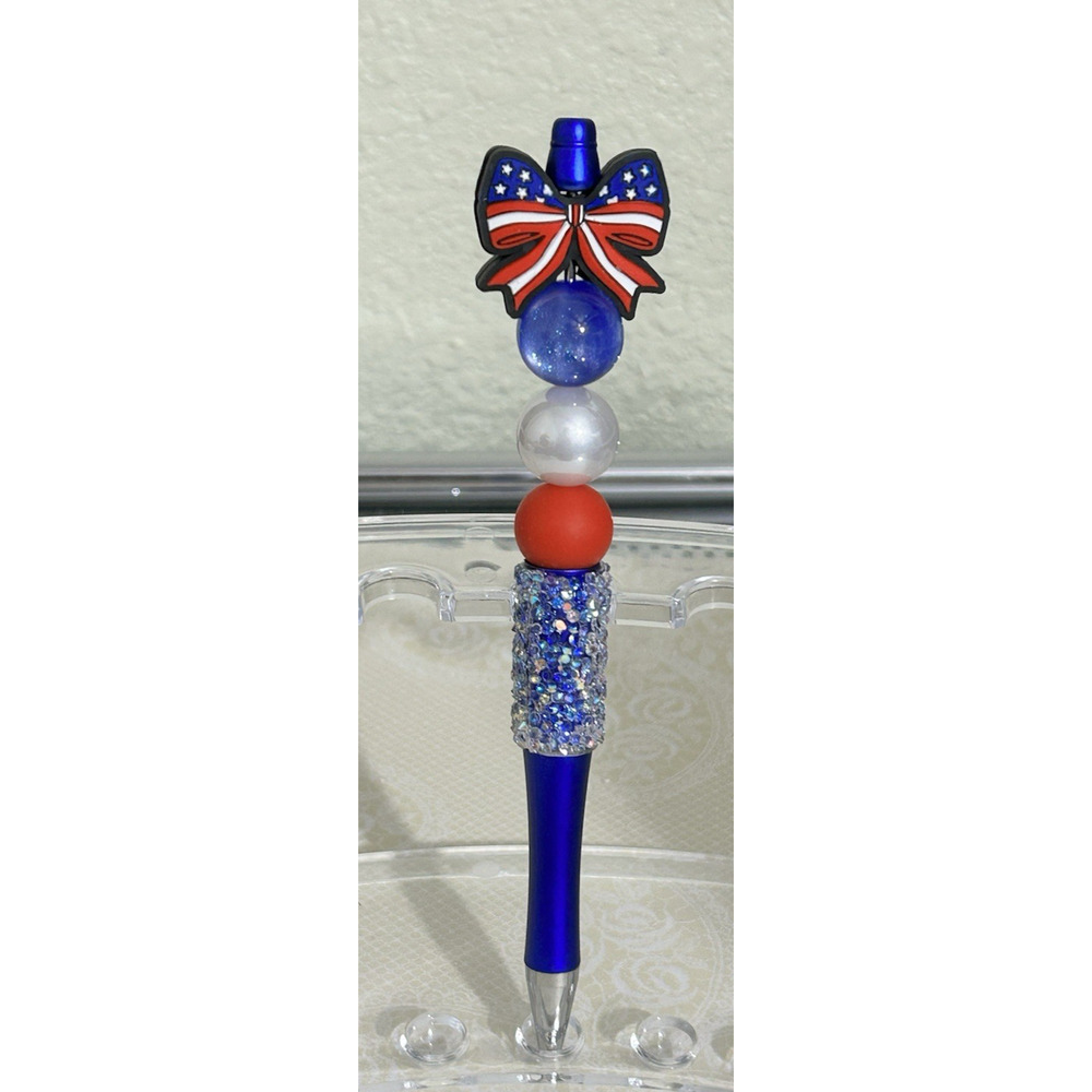 Custom Beaded Handmade Pen USA Patriotic Flag Bow Red White Blue Sparkly Gift